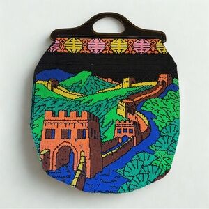 🎢 Vintage Beaded Great Wall Scene Top Handle Bag Multicolor Statement Purse